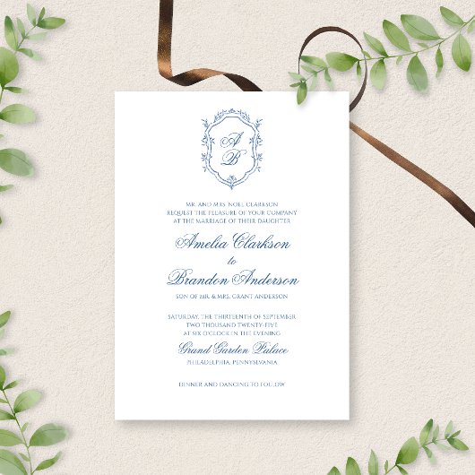 Botanisches Blue Monogram Wappen & Script Wedding Einladung