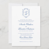 Botanisches Blue Monogram Wappen & Script Wedding Einladung (Vorderseite)