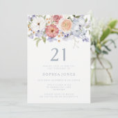 Botanisches Blumendusty Blau 21. Geburtstag Party Einladung (Stehend Vorderseite)