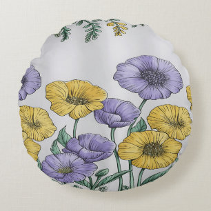 Botanisches Blumenkissenbezug – Lila und Gelb Hand Rundes Kissen