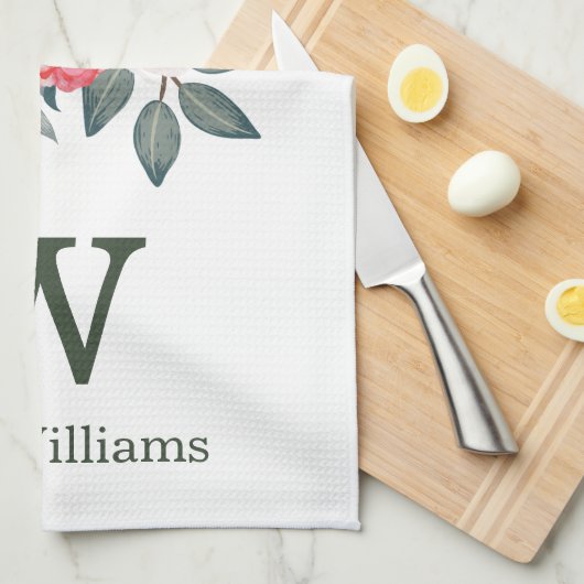 Botanisches Blumenmonogramm/rote u. weiße Blumen Geschirrtuch (Viertel Falte)