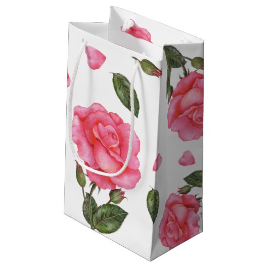 Botanisches Blumenmuster in Rosa Kleine Geschenktüte (Rückseite Schrägansicht)