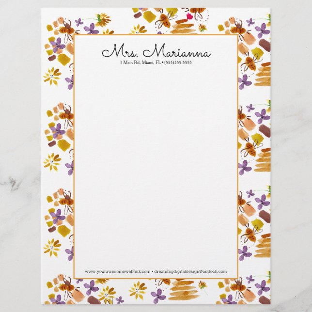 Botanisches Blumenmuster von Hand Wasserfarbene Bi Briefbogen (Vorderseite)