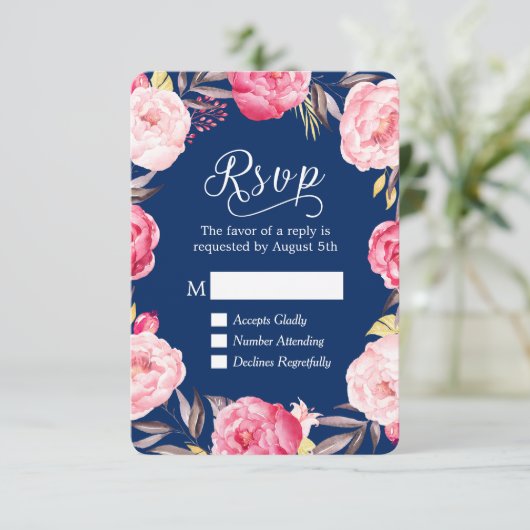 Botanisches Blumenreath Royal Blue UAWG Reply RSVP Karte (Stehend Vorderseite)