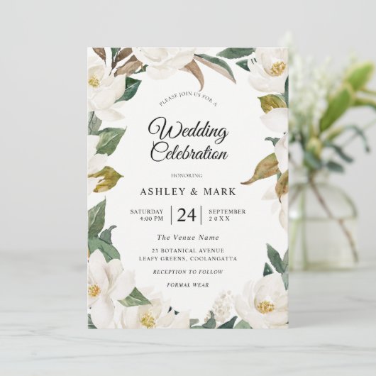 Botanisches Blumenreath Weiße Blume Hochzeit Einladung (Stehend Vorderseite)