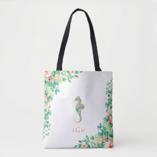 Botanisches BlumenSeepferd-Monogramm Tasche