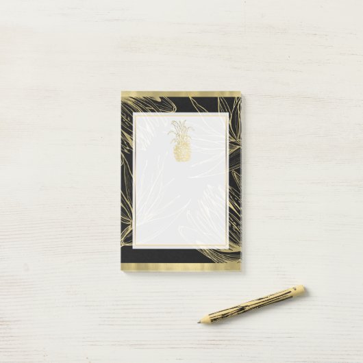 Botanisches Blütenblatt mit Gold und schwarzen tro Post-it Klebezettel (Auf Schreibtisch)