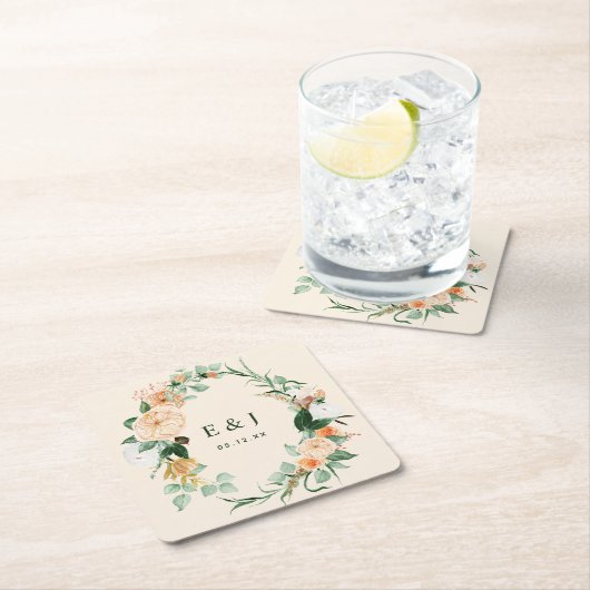 Botanisches Boho Blumengrün Monogram Wedding Rechteckiger Pappuntersetzer (Vor Ort)