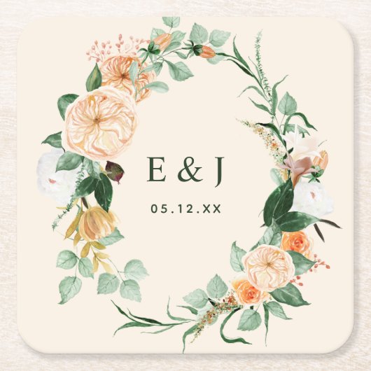 Botanisches Boho Blumengrün Monogram Wedding Rechteckiger Pappuntersetzer (Vorderseite)