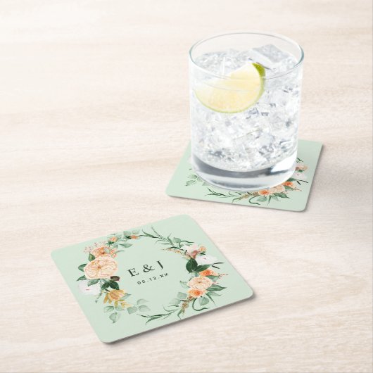 Botanisches Boho Blumengrün Monogram Wedding Sq Rechteckiger Pappuntersetzer (Vor Ort)