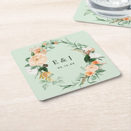Botanisches Boho Blumengrün Monogram Wedding Sq Rechteckiger Pappuntersetzer (angewinkelt)