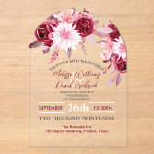 Botanisches Boho Chic Blume Blush Burgundy Wedding Acryleinladungen (Vorderseite)