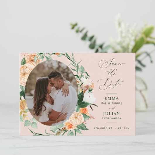 Botanisches Boho Greenery Blush Pink Neutrales Fot Save The Date (Stehend Vorderseite)