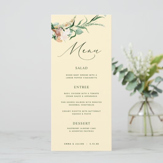 Botanisches Boho Greenery Pastel Yellow Wedding Me Menükarte (Stehend Vorderseite)