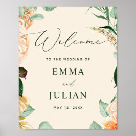 Botanisches Boho Greenery Peach Wedding Begrüßungs Poster
