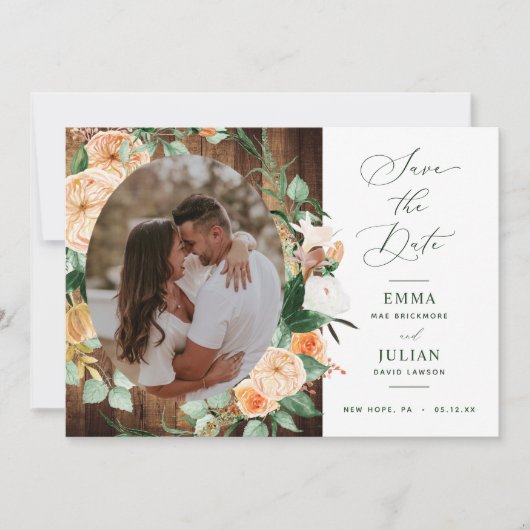 Botanisches Boho Greenery Rustic Barn Wood Foto Save The Date (Vorderseite)