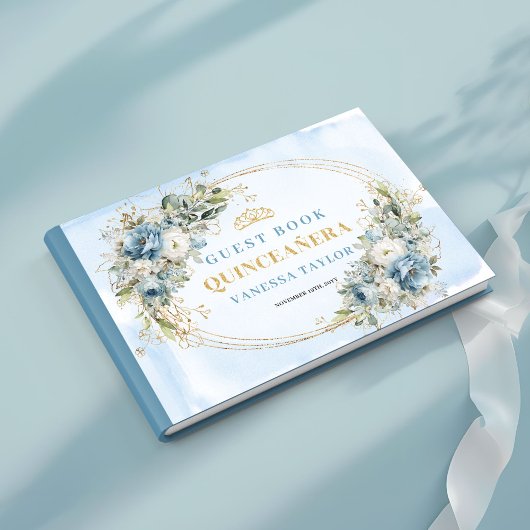 Botanisches Boho Quince Gästebuch Blau Gold Thema