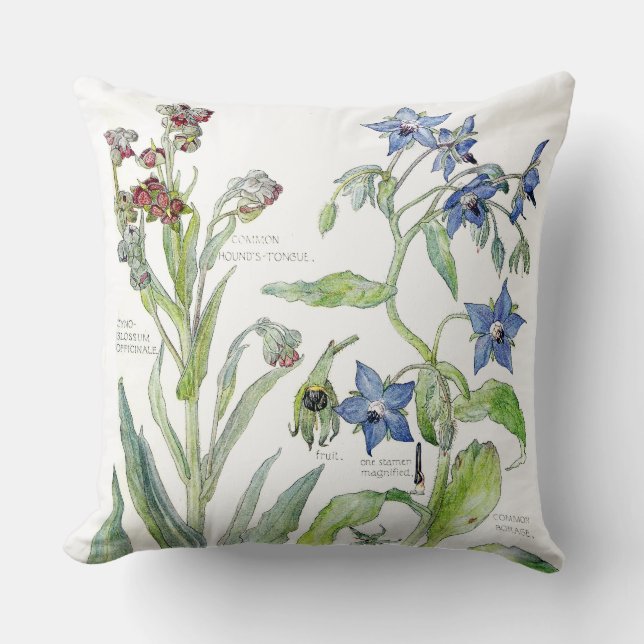 Botanisches Borage-Primel-Blumenthrow-Kissen Kissen (Vorderseite)