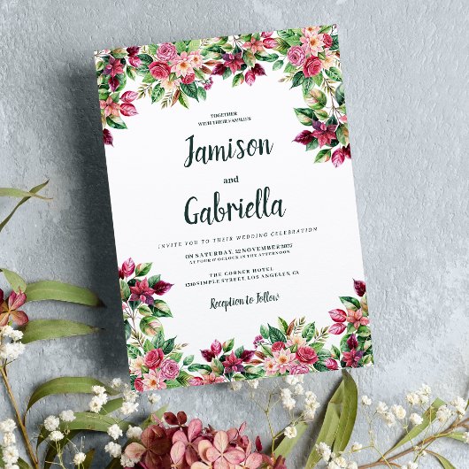 Botanisches bordeauxrosa grünes Blumenland Hochzei Einladung