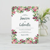 Botanisches bordeauxrosa grünes Blumenland Hochzei Einladung (Stehend Vorderseite)