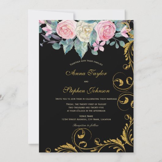 Botanisches Bouquet mit Imitate Gold Glitzer Wirbe Einladung (Vorderseite)