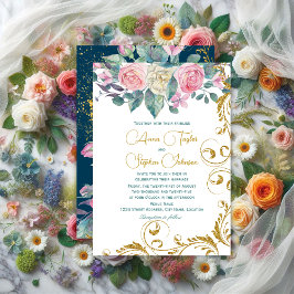 Botanisches Bouquet mit Imitate Gold Glitzer Wirbe Einladung