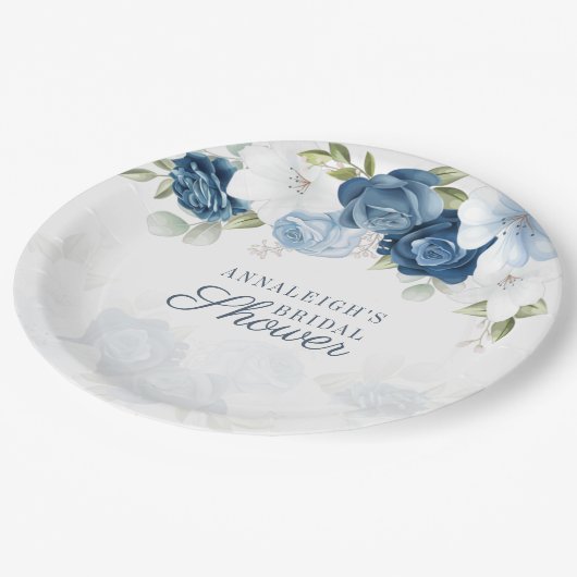 Botanisches Brautparty der modernen blauen Flora Pappteller (Schrägansicht)