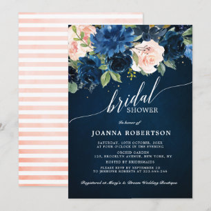 Botanisches Brautparty Navy Blue Blush Pink Rose Einladung
