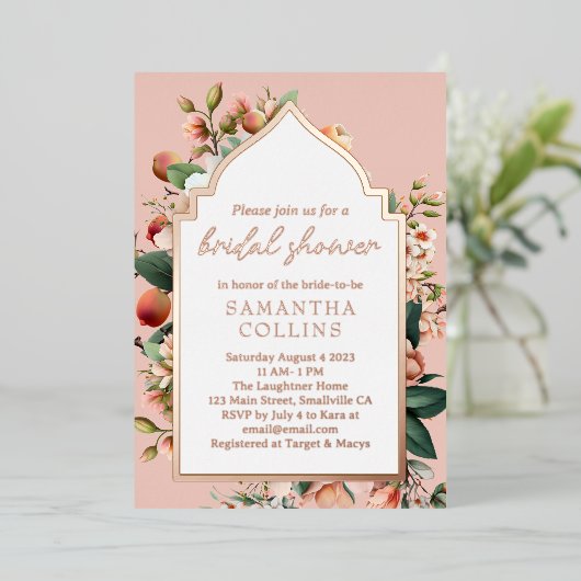 Botanisches Brautparty Südpfirsiche Folieneinladung (Stehend vorne)