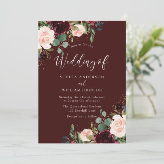 Botanisches Burgunder Roter Wein & Blush Blumenzeh Einladung (Stehend Vorderseite)