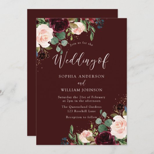 Botanisches Burgunder Roter Wein & Blush Blumenzeh Einladung (Vorne/Hinten)