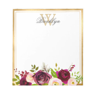 Botanisches Burgundy Blush Pink Floral Monogram Hi Notizblock