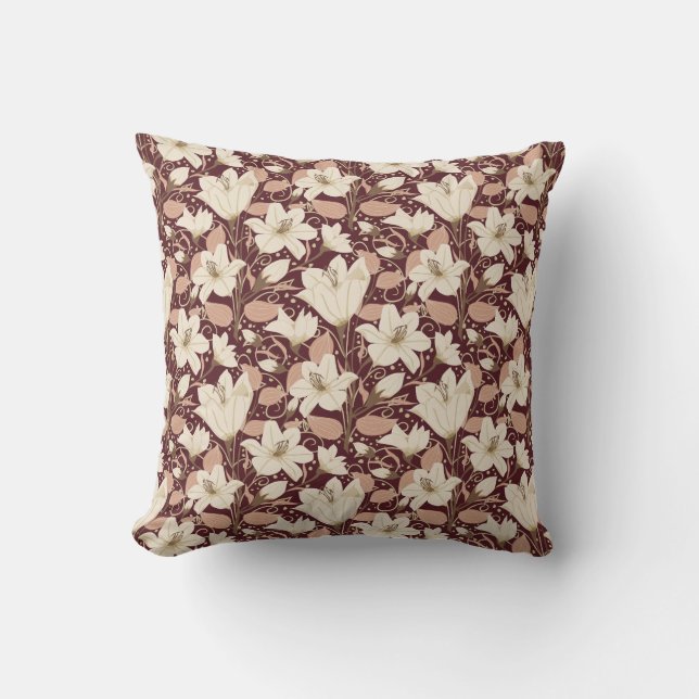 Botanisches Burgundy Red Beige Lily Floral Pattern Kissen (Vorderseite)