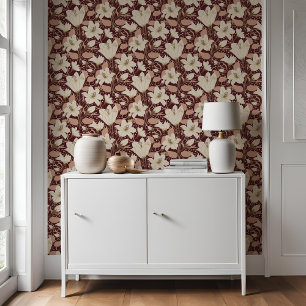 Botanisches Burgundy Red Beige Lily Floral Pattern Tapete