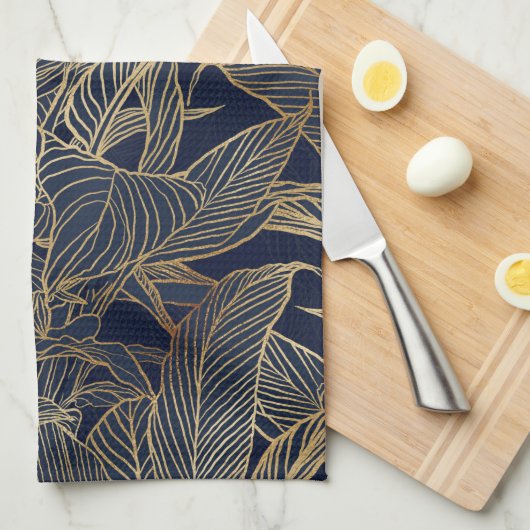 Botanisches Design der modernen Blue Gold Foliage  Geschirrtuch (Viertel Falte)