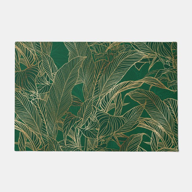 Botanisches Design der modernen Green Gold Foliage Fußmatte (Vorderseite)
