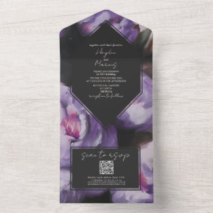 Botanisches dramatisches lila florales Hochzeits-R All In One Einladung