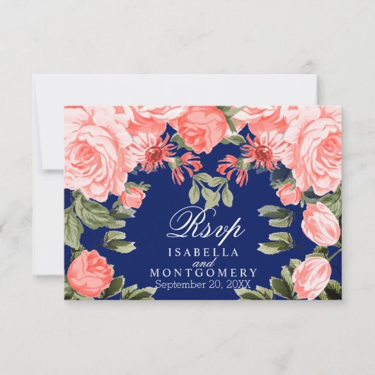 Botanisches Dunkles Blau und Korallen Blume - UAWG RSVP Karte (Vorderseite)