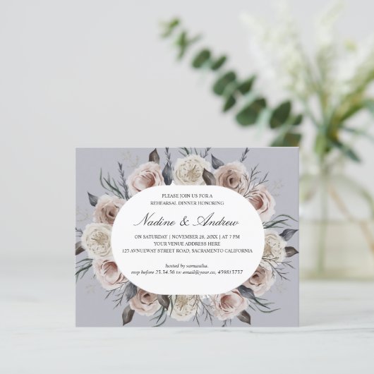 Botanisches Dusty Rose Gray Wedding Probe Dinner (Stehend Vorderseite)