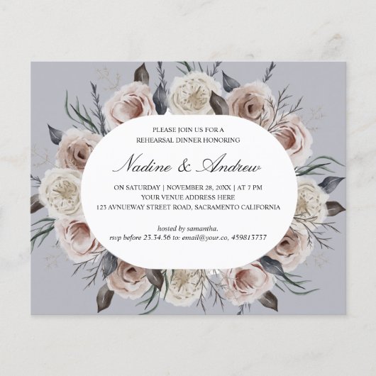 Botanisches Dusty Rose Gray Wedding Probe Dinner (Vorderseite)