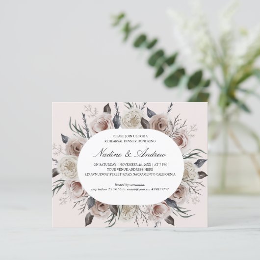 Botanisches Dusty Rose Gray Wedding Probe Dinner (Stehend Vorderseite)