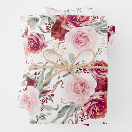 Botanisches Elegant aus Burgund Rot und Rosa Geschenkpapier Set (Beispiel)