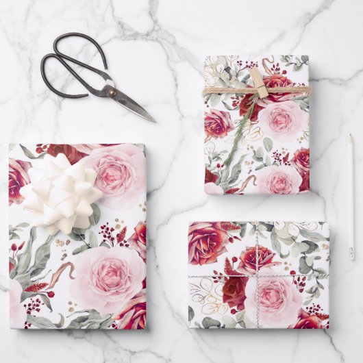 Botanisches Elegant aus Burgund Rot und Rosa Geschenkpapier Set (Vorderseite)