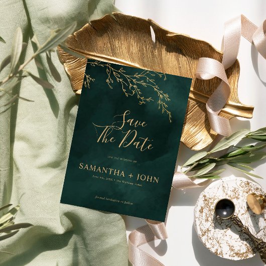 Botanisches elegantes Emerald Green & Gold Foto Save The Date