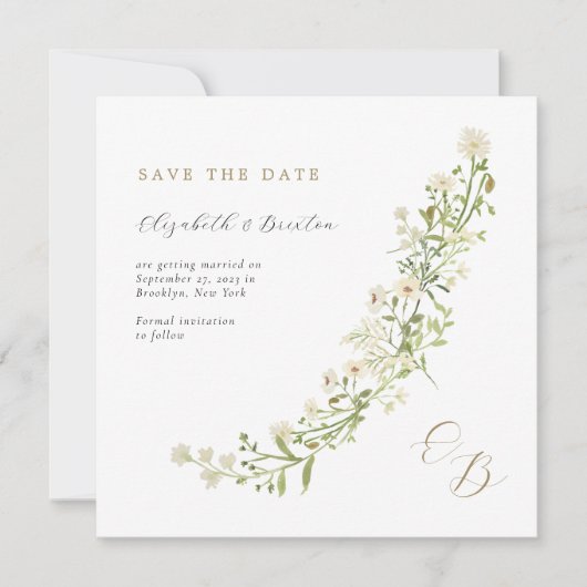 Botanisches Elfenbeingold-Wild-Blume Monogramm Hoc Save The Date (Vorderseite)