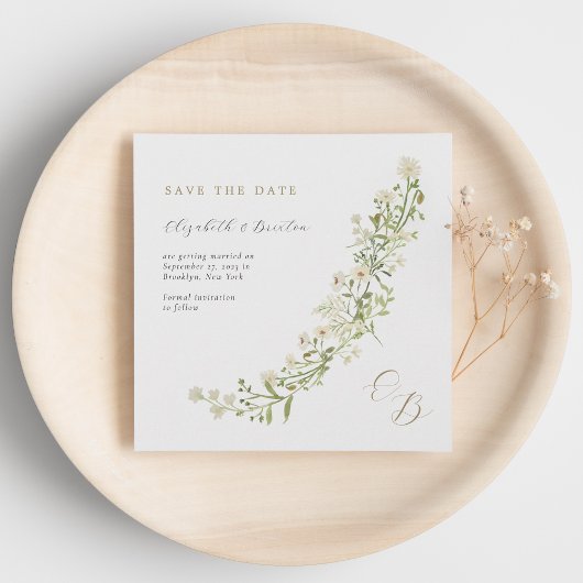 Botanisches Elfenbeingold-Wild-Blume Monogramm Hoc Save The Date