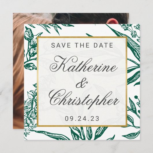 Botanisches Emerald Green Gold Foto Save the Date (Vorne/Hinten)