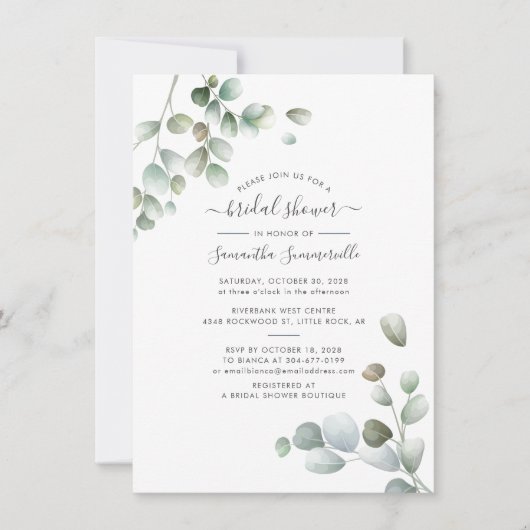 Botanisches Eukalyptus Greenery Script-Brautparty Einladung (Vorderseite)
