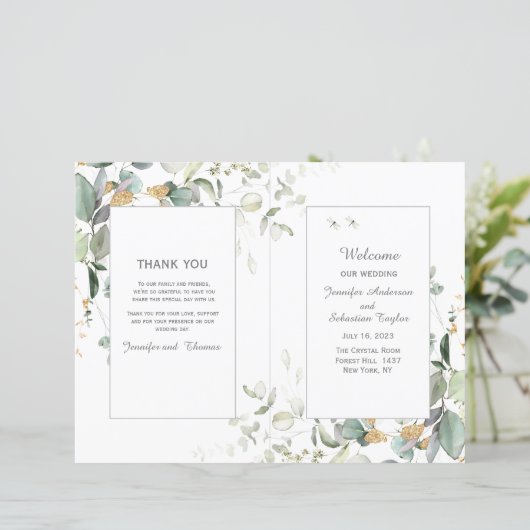 Botanisches Eukalyptus Greenery Wedding Program (Stehend Vorderseite)