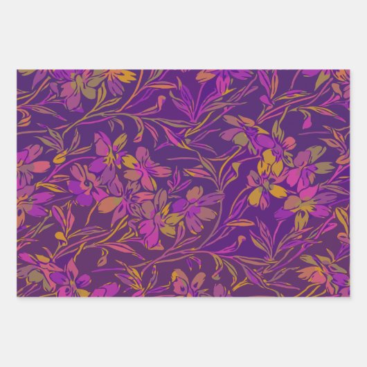 Botanisches feines Muster in dunklem Lila Geschenkpapier Set (Vorderseite)
